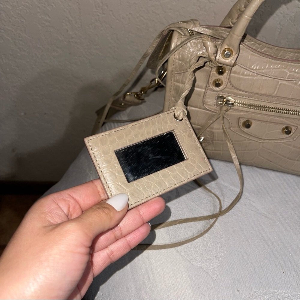 BALENCIAGA | Calfskin Crocodile Embossed Gold Hardware Mini City Beige Latte - Picture 12 of 15